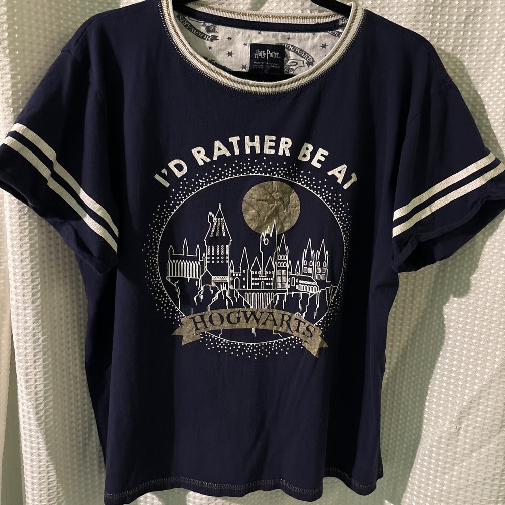 Harry Potter Shirt "I'd Rather Be At Hogwarts" Size XL  Dk Blue With Gold Thread